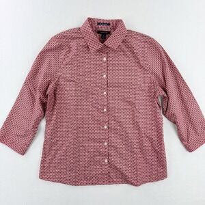 LANDS END Button Up Shirt Pink Geo No Iron Supima‎ Size 12 Womens 3/4 Sleeve